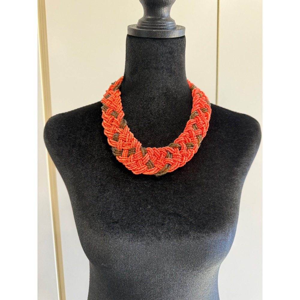 Orange Braided Seed Bead Statement Necklace Bronze Woven Chunky Collar Bib